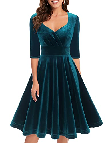 Bbonlinedress Abendkleid elegant für Hochzeit Weihnachtskleider Damen festlich 3/4 arm V-Ausschnitt Langarm samt Kleider Winter Freizeitkleider Turquoise M von Bbonlinedress