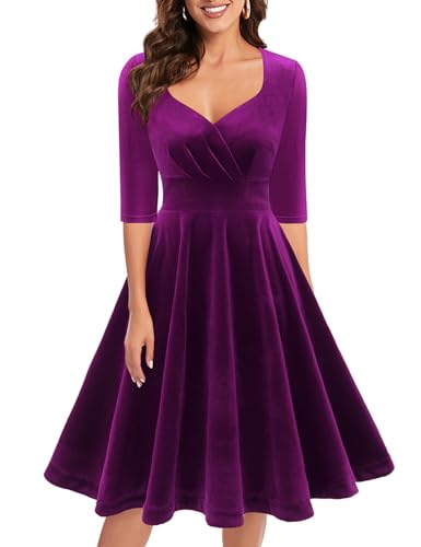 Bbonlinedress Abendkleid elegant für Hochzeit Weihnachtskleider Damen Knielang festlich 3/4 arm V-Ausschnitt Samtkleider Winter Freizeitkleider Grape M von Bbonlinedress