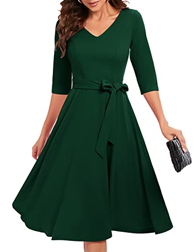 Bbonlinedress Abendkleid lang 3/4 arm V-Ausschnitt Midi Kleider Langarm Festliche Kleider für Hochzeit Vintage Cocktailkleid Dark Green 2XL von Bbonlinedress