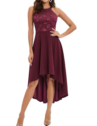 Bbonlinedress Abendkleid lang elegant festliches Kleid Neckholder Spitzenkleid High Low Cocktailkleid Brautkleid für Hochzeit Abschlusskleid lang Sommer Strandkleid Burgundy L von Bbonlinedress
