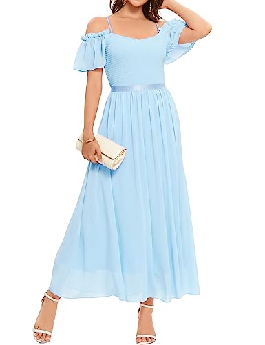 Bbonlinedress Abendkleid lang elegant festliches Kleid Schulterfreies Kleid Brautjungfernkleider Chiffon Hochzeitkleid Prom Bridesmaid Dress Partykleid Ballkleid Sommer Strandkleid Blue L von Bbonlinedress