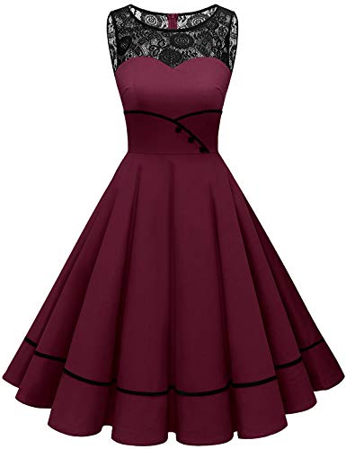 Bbonlinedress Rockabilly Kleider Damen Sommerkleid Abendkleider elegant für Hochzeit Spitzenkleid Cocktailkleid Burgundy XS von Bbonlinedress