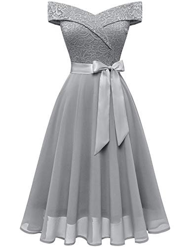 Bbonlinedress Abendkleider Kleider Damen Cocktailkleid Rockabilly Kleid Knielang Vintage Retro Kleider Faltenrock Damen Hochzeit Grey 3XL von Bbonlinedress