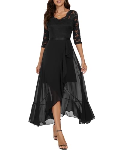 Bbonlinedress Abendkleider Langarm elegant Damen Winterkleid Spitze Chiffon V-Ausschnitt Brautjunferkleid Party Abschlusskleid Ballkleid festliches Weihnachtskleid Black 2XL von Bbonlinedress