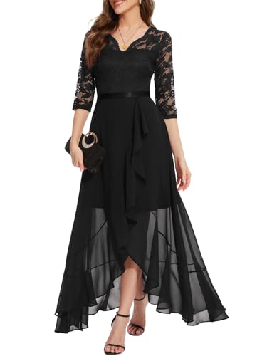Bbonlinedress Abendkleider Langarm elegant Damen Spitze Chiffon V-Ausschnitt Brautjunferkleid Party Abschlusskleid festliches Ballkleid Black M von Bbonlinedress
