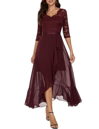 Bbonlinedress Abendkleider Langarm elegant Damen Winterkleid Spitze Chiffon V-Ausschnitt Brautjunferkleid Party Abschlusskleid Ballkleid festliches Weihnachtskleid Burgundy 2XL von Bbonlinedress