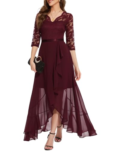 Bbonlinedress Abendkleider Langarm elegant Damen Spitze Chiffon V-Ausschnitt Brautjunferkleid Party Abschlusskleid festliches Ballkleid Burgundy XS von Bbonlinedress