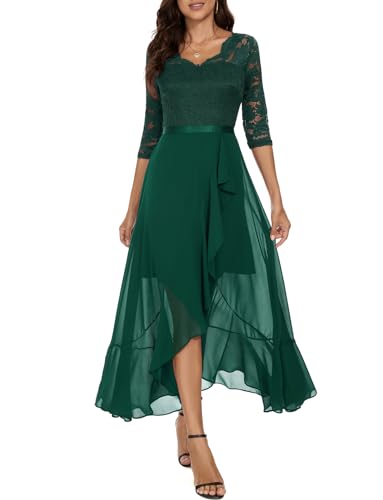 Bbonlinedress Abendkleider Langarm elegant Damen Winterkleid Spitze Chiffon V-Ausschnitt Brautjunferkleid Party Abschlusskleid Ballkleid festliches Weihnachtskleid Dark Green 2XL von Bbonlinedress