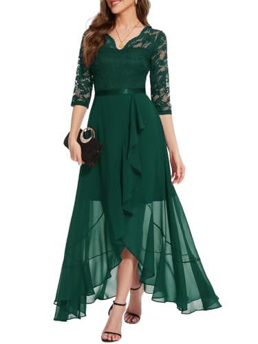 Bbonlinedress Abendkleider Langarm elegant Damen Spitze Chiffon V-Ausschnitt Brautjunferkleid Party Abschlusskleid festliches Ballkleid Dark Green XL von Bbonlinedress