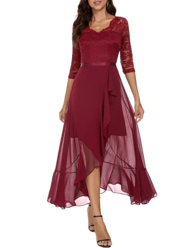 Bbonlinedress Abendkleider Langarm elegant Damen Winterkleid Spitze Chiffon V-Ausschnitt Brautjunferkleid Party Abschlusskleid Ballkleid festliches Weihnachtskleid Dark Red 2XL von Bbonlinedress