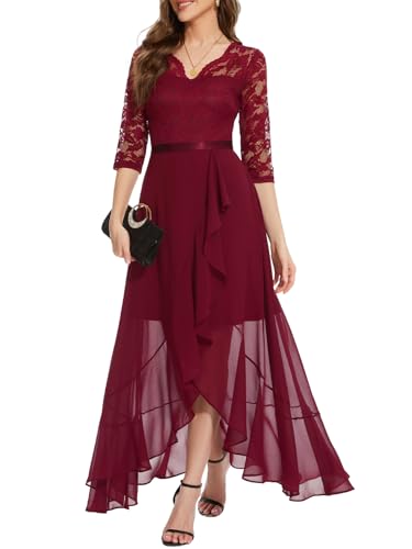 Bbonlinedress Abendkleider Langarm elegant Damen Spitze Chiffon V-Ausschnitt Brautjunferkleid Party Abschlusskleid festliches Ballkleid Dark Red S von Bbonlinedress