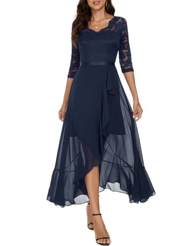 Bbonlinedress Abendkleider Langarm elegant Damen Winterkleid Spitze Chiffon V-Ausschnitt Brautjunferkleid Party Abschlusskleid Ballkleid festliches Weihnachtskleid Navy 2XL von Bbonlinedress