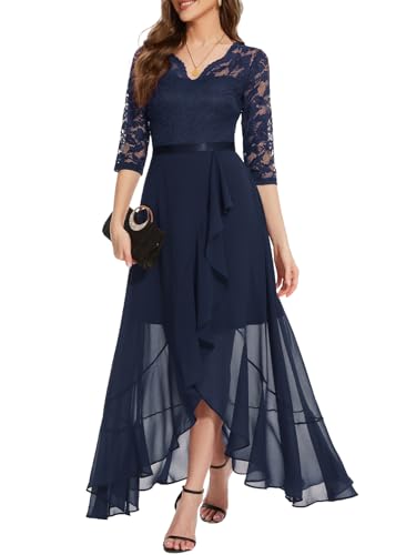 Bbonlinedress Abendkleider Langarm elegant Damen Spitze Chiffon V-Ausschnitt Brautjunferkleid Party Abschlusskleid festliches Ballkleid Navy M von Bbonlinedress