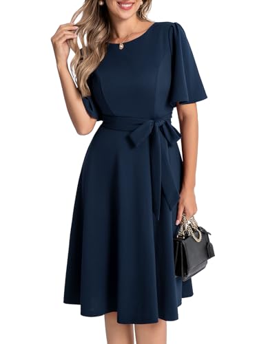 Bbonlinedress Abendkleider elegant für Hochzeit Sommerkleid Damen elegant Kurzarm festliches Kleid midilang Party Cocktailkleid mit Gürtel Navy L von Bbonlinedress
