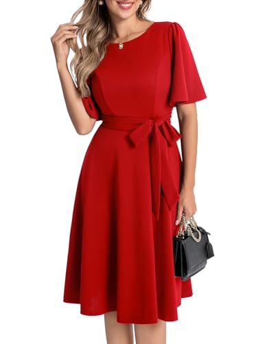 Bbonlinedress Abendkleider elegant für Hochzeit Cocktailkleid Damen Kurzarm Rundhals festlichs Kleid mit Gürtel Partykleider Red XS von Bbonlinedress