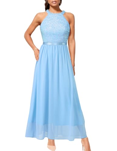 Bbonlinedress Abendkleider elegant für Hochzeit Glitzer Kleid Damen Neckholder Chiffon Cocktail Maxi Brautkleid Sequin Pailletten jugendweihes festliches Partykleid Blue 2XL von Bbonlinedress