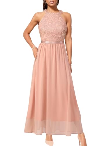 Bbonlinedress Abendkleider elegant für Hochzeit Glitzer Kleid Damen Neckholder Chiffon Cocktail Maxi Brautkleid Sequin Pailletten jugendweihes festliches Partykleid Blush 2XL von Bbonlinedress