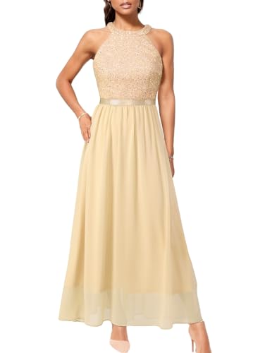 Bbonlinedress Abendkleider elegant für Hochzeit Glitzer Kleid Damen Neckholder Chiffon Cocktail Maxi Brautkleid Sequin Pailletten jugendweihes festliches Partykleid Champagne L von Bbonlinedress