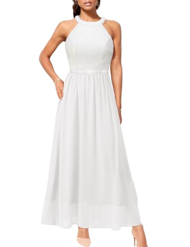 Bbonlinedress Abendkleider elegant für Hochzeit Glitzer Kleid Damen Neckholder Chiffon Cocktail Maxi Brautkleid Sequin Pailletten jugendweihes festliches Partykleid White L von Bbonlinedress