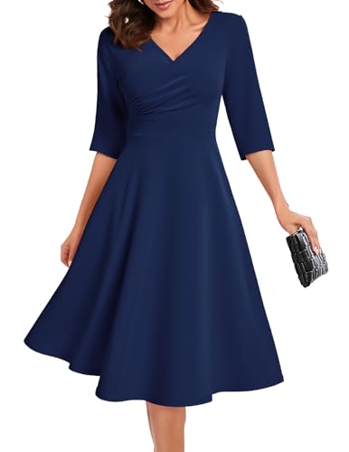 Bbonlinedress Abendkleider elegant für Hochzeit lang Sommerkleid festliches Kleid mit Taschen Vintage Rockabilly Kleider Party Cocktailkleid Navy S von Bbonlinedress