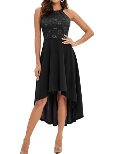 Bbonlinedress Abendkleider elegant für Hochzeit Neckholder Spitzenkleid festliches Kleid Brautjunferkleid Bridesmaid Dress Party High Low Abschlusskleid Sommer Strandkleid Black M von Bbonlinedress