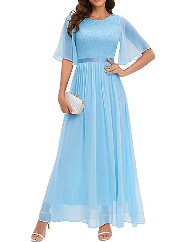 Bbonlinedress Abendkleider elegant für Hochzeit Spitzen Chiffon Ärmel Kleid festliches Brautjunferkleid Maxi Bridesmaid Dress Partykleid Abschlusskleid lang Ballkleid Blue 2XL von Bbonlinedress