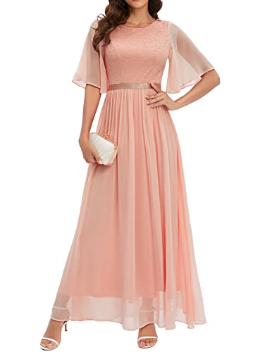 Bbonlinedress Abendkleider elegant für Hochzeit Spitzen Chiffon Ärmel Kleid festliches Brautjunferkleid Maxi Bridesmaid Dress Partykleid Abschlusskleid lang Ballkleid Blush 2XL von Bbonlinedress