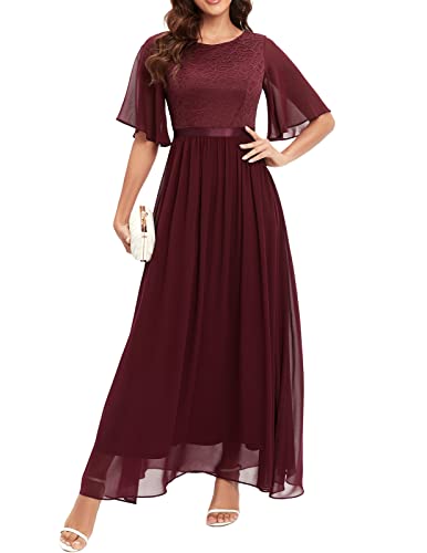 Bbonlinedress Abendkleider elegant für Hochzeit Spitzen Chiffon Ärmel Kleid festliches Brautjunferkleid Maxi Bridesmaid Dress Partykleid Abschlusskleid lang Ballkleid Burgundy M von Bbonlinedress