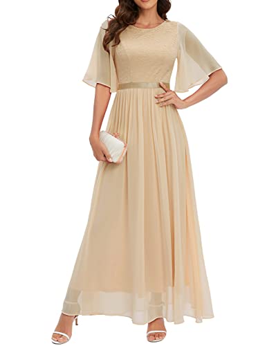 Bbonlinedress Abendkleider elegant für Hochzeit Spitzen Chiffon Ärmel Kleid festliches Brautjunferkleid Maxi Bridesmaid Dress Partykleid Abschlusskleid lang Ballkleid Champagne M von Bbonlinedress