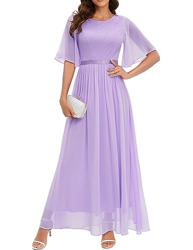 Bbonlinedress Abendkleider elegant für Hochzeit Spitzen Chiffon Ärmel Kleid festliches Brautjunferkleid Maxi Bridesmaid Dress Partykleid Abschlusskleid lang Ballkleid Lavender 3XL von Bbonlinedress