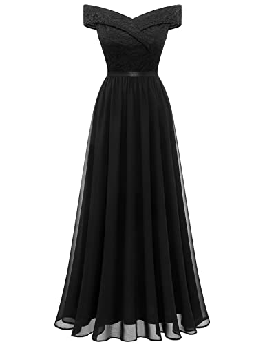 Bbonlinedress Abendkleider lang Elegant Damen Sommerkleid Schulterfrei Spitze Chiffon Abschlusskleid Hochzeit Kleid Brautjunferkleid Prom Bridesmaid Dress Partykleid-2Black 3XL von Bbonlinedress