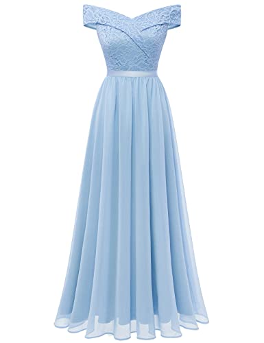 Bbonlinedress Abendkleider lang Elegant Damen Sommerkleid Schulterfrei Spitze Chiffon Hochzeit Kleid Brautjunferkleid Prom Bridesmaid Dress Partykleid Abschlusskleid-2Light Blue 2XL von Bbonlinedress