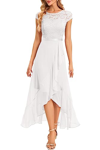 Bbonlinedress Weißes Kleid lang Elegant Damen Rundhals Spitze Chiffon Vokuhila Abendkleider Hochzeit Party Abschlusskleid lang Ballkleid Winter Weihnachtskleid White 2XL von Bbonlinedress