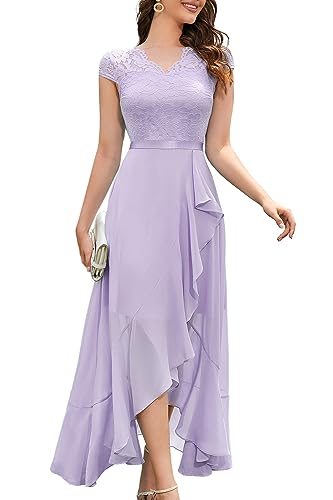 Bbonlinedress Abschlusskleider lang Elegant Damen Winterkleid V-Ausschnitt Spitze Chiffon Vokuhila Abendkleider Hochzeit Brautkleid Weihnachtskleid Lavender 2XL von Bbonlinedress