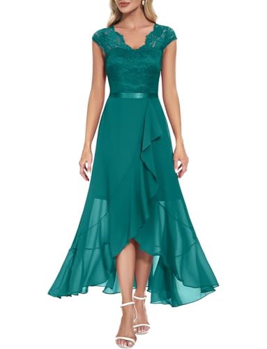 Bbonlinedress Abschlusskleider lang Elegant Damen V-Ausschnitt Spitze Chiffon Vokuhila Abendkleider Hochzeit Brautjunferkleid Turquoise XL von Bbonlinedress