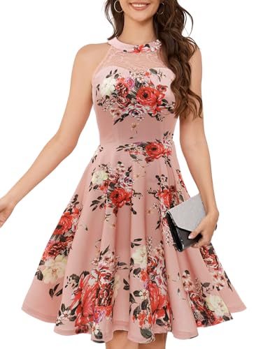 Bbonlinedress Sommerkleid Damen Neckholder Blumendruck Kleid Cocktail Festliche Kleider Brautkleid Abendkleider elegant für Hochzeit Blush Flower XL von Bbonlinedress