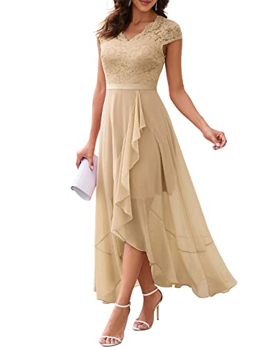 Bbonlinedress Ballkleid lang Damen Abendkleid Elegant Kleider Spitzenkleid Chiffon Hochzeit Brautkleid Weihnachtskleid Winter Partykleid Champagne 2XL von Bbonlinedress