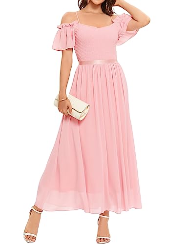 Bbonlinedress Ballkleid lang Damen Abendkleid elegant festliches Kleid Schulterfreies Kleid Chiffon Hochzeit Brautkleid Prom Bridesmaid Dress Sommer Partykleid Abschlusskleid Blush L von Bbonlinedress