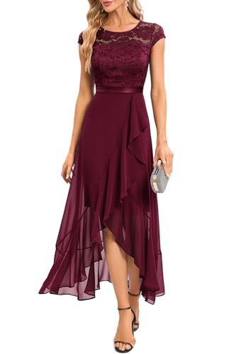 Bbonlinedress Ballkleid lang Damen Abendkleid elegant festliches Kleid Spitzenkleid Vokuhila Chiffon Hochzeit Brautkleid Party Weihnachtskleid Burgundy 3XL von Bbonlinedress