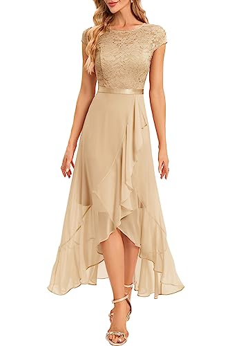Bbonlinedress Ballkleid lang Damen Abendkleider elegant für Hochzeit festliches Spitzenkleid Vokuhila Chiffon Brautkleid Party Champagne 3XL von Bbonlinedress
