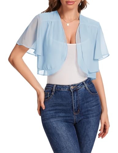 Bbonlinedress Bolero Damen festlich Chiffon Strickjacke elegant Kurzarm Casual Bolerojacke Offene Vorderseite Schulterjacke Blue XL von Bbonlinedress