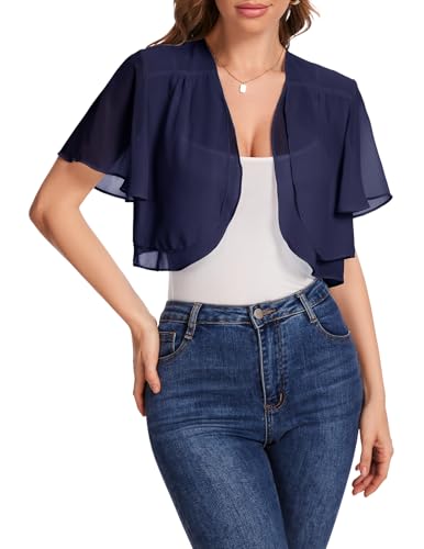 Bbonlinedress Bolero Damen festlich Chiffon Strickjacke elegant Kurzarm Casual Bolerojacke Offene Vorderseite Schulterjacke Navy S von Bbonlinedress
