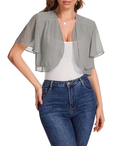 Bbonlinedress Bolero Damen festlich grau Chiffon elegant Kurzarm Casual Sommer Bolerojacke Offene Vorderseite Schulterjacke Grey M von Bbonlinedress