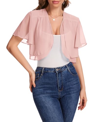 Bbonlinedress Bolero Damen festlich rosa Chiffon elegant Kurzarm Casual Sommer Bolerojacke Offene Vorderseite Schulterjacke Pink XL von Bbonlinedress
