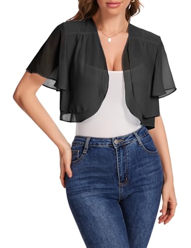 Bbonlinedress Bolero Damen festlich schwarz Chiffon Strickjacke elegant Kurzarm Casual Bolerojacke Offene Vorderseite Schulterjacke Black 2XL von Bbonlinedress