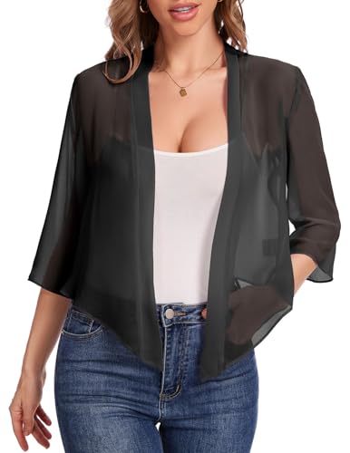 Bbonlinedress Bolero Damen festlich schwarz Chiffon Strickjacke elegant Langarm Casual Bolerojacke Offene Vorderseite Schulterjacke Black M von Bbonlinedress