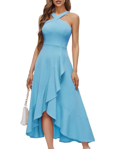 Bbonlinedress Kleid Hochzeitsgast Damen Herbstkleid lang Abendkleider elegant für Hochzeit festliches Kleid Neckholder Cocktailkleid Party Brautjungfernkleider Blue 3XL von Bbonlinedress