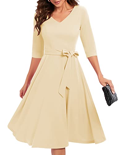 Bbonlinedress Cocktailkleid Damen 3/4 arm V-Ausschnitt Midi Elegante Kleider Langarm Festliche Kleider Cocktailkleid Rockabilly Kleider Champagne L von Bbonlinedress