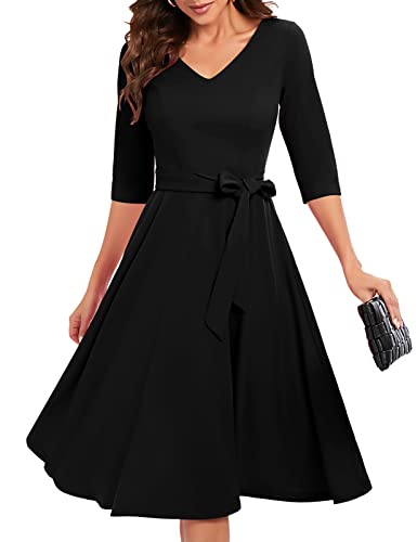 Bbonlinedress Schwarzes Kleid Damen 3/4 arm V-Ausschnitt Midi Elegante Kleider Langarm Festliche Kleider Vintage Cocktailkleid Winterkleid Black L von Bbonlinedress