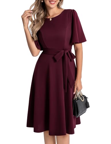 Bbonlinedress Abendkleider elegant für Hochzeit Sommerkleid Damen elegant Kurzarm festliches Kleid midilang Party Cocktailkleid Burgundy 2XL von Bbonlinedress